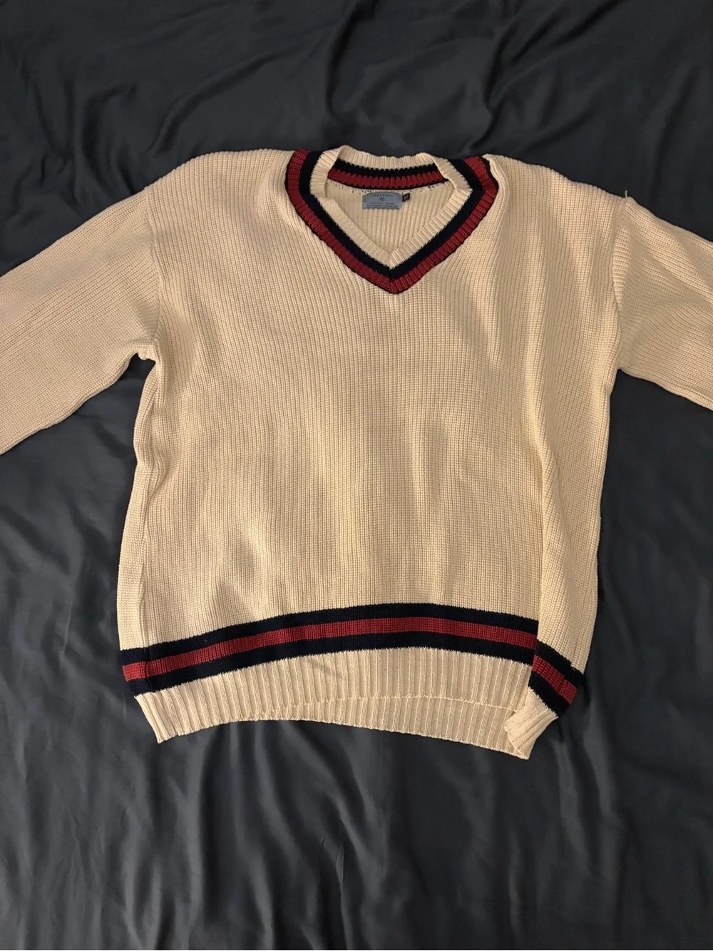 Castaway Cream V-Neck Sweater with Navy and Red Stripe Trim